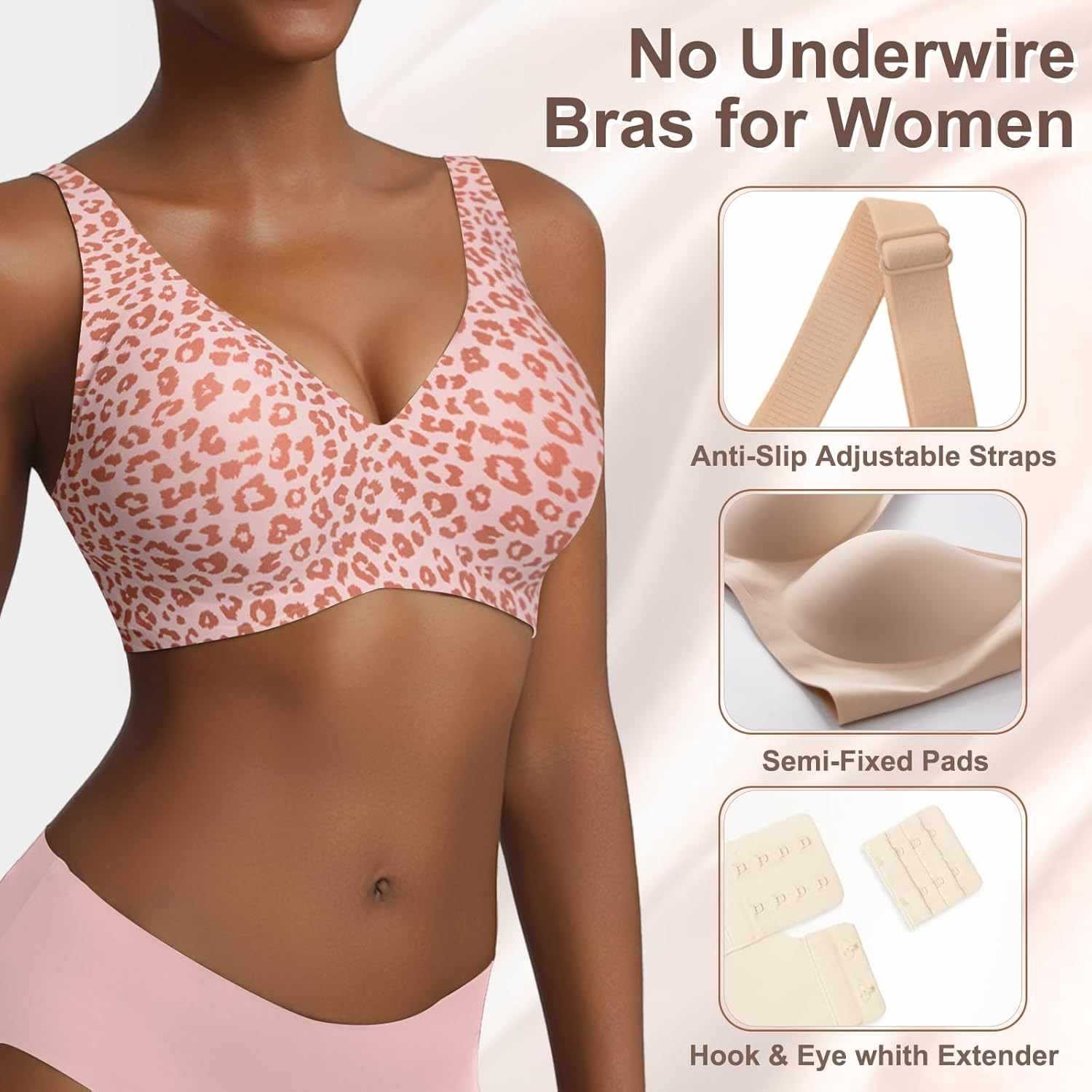 Women's Seamless Pink Leopard  - Plunge Bra Push Up ulasan dan harga