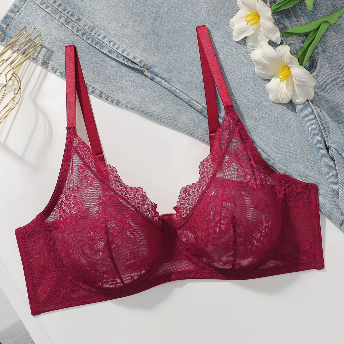 Women Plus Size Red Lace Sheer - Sheer Bra Lace ulasan dan harga