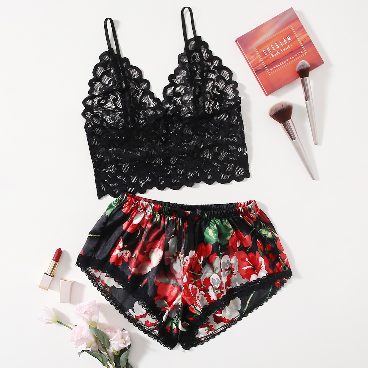 Floral Lace Pajama Set for Wom - Lace Bralette Set ulasan dan harga